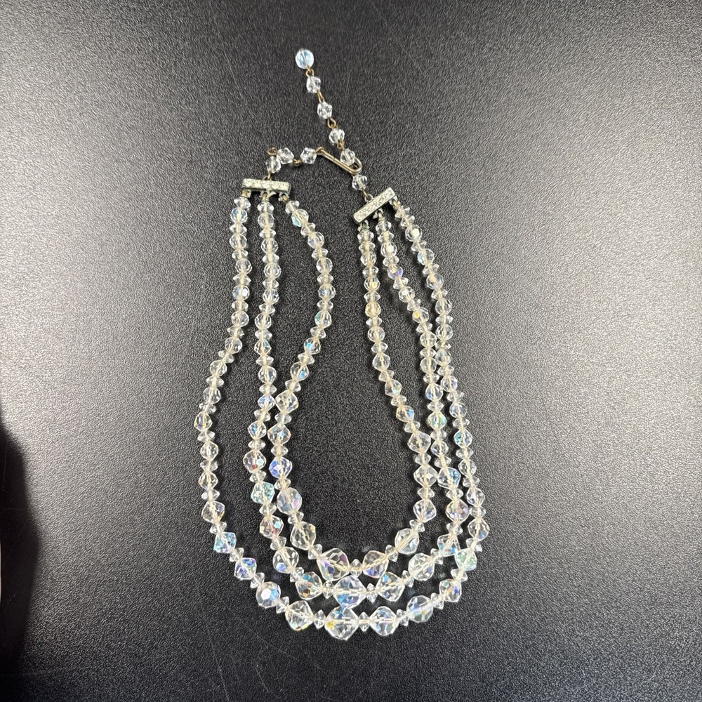 Glass Crystal 3 Strand Necklace‎ with aurora borealis finsh, Vintage Costume